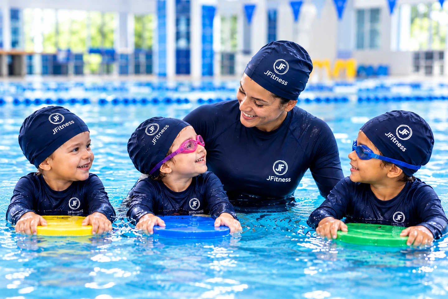 Professora e crianças na piscina, em imagem adaptada da campanha J-Fitness.